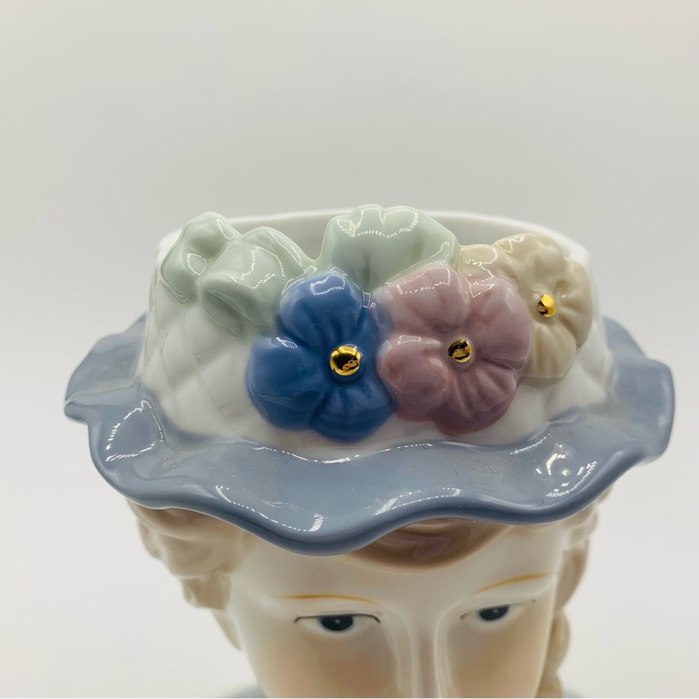 Large Vintage Ceramic Lady Head Vase Planter – 7” Tall Pastel Flowers & Hat - Picture 3 of 11